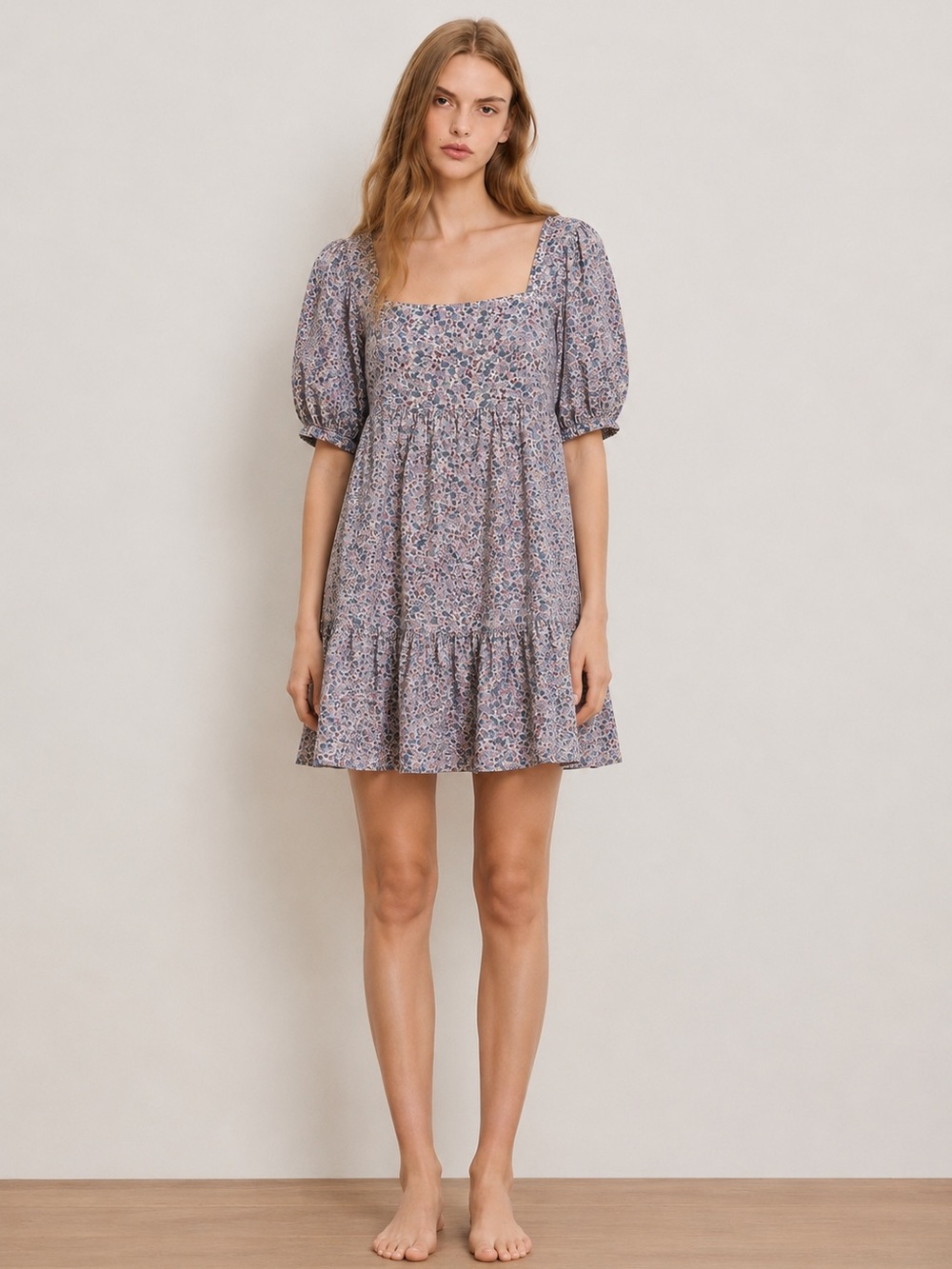 Square-Neck Lavender Floral Puff-Sleeve Mini Dress by